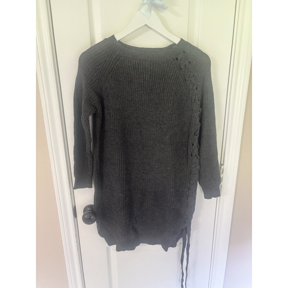 NWT Main Strip‎ Charcoal Gray Ribbed Knit Tunic Sweater Side Braid Cotton M